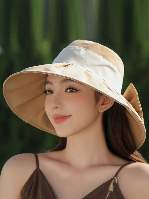 Bowknot Contrast Color Pleated Split-Joint Sun Hat Fisherman Hat