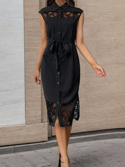 See-Through Solid Color Split-Joint Tied Waist Loose Sleeveless Lapel Shirt Dress Midi Dresses