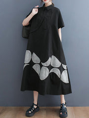 A-Line Oversize Ethnic Printed Contrast Color Printed Split-Joint Lapel Midi Dresses Shirt Dress