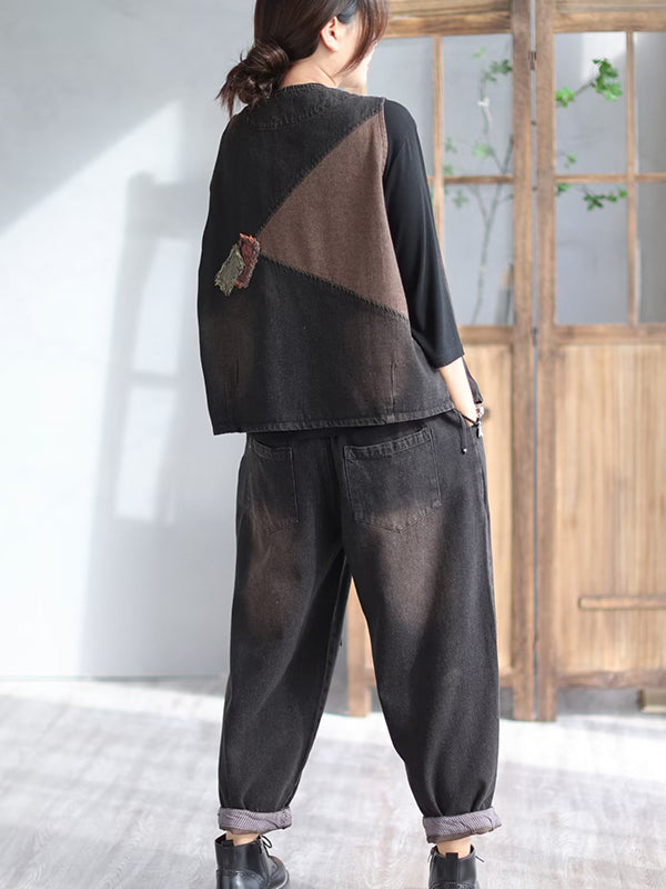 Loose Split-Joint V-Neck Vest Top + Jean Harem Pants Bottoms  Two Pieces Set