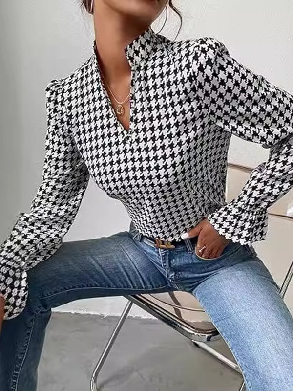 Elasticity Houndstooth Split-Joint Long Sleeves Loose V-Neck Blouses&Shirts Tops