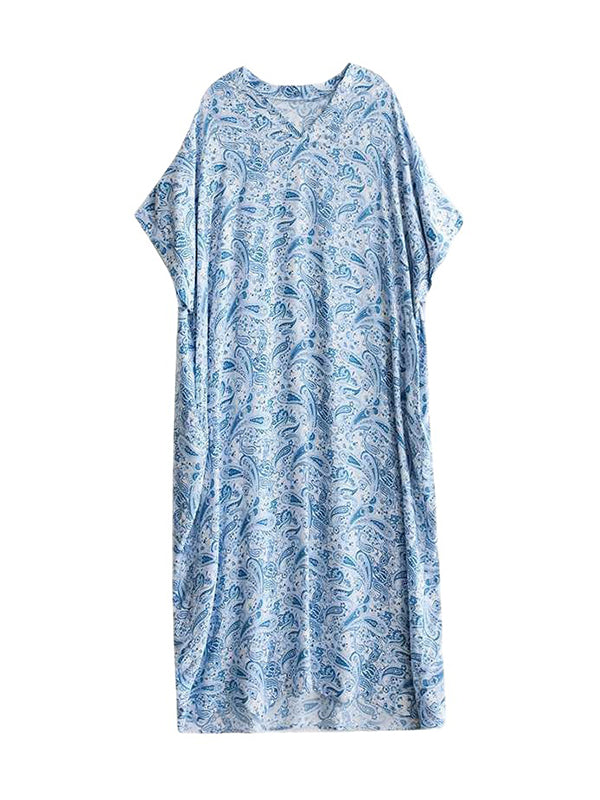 Printed Batwing Sleeves Loose V-Neck Maxi Dresses