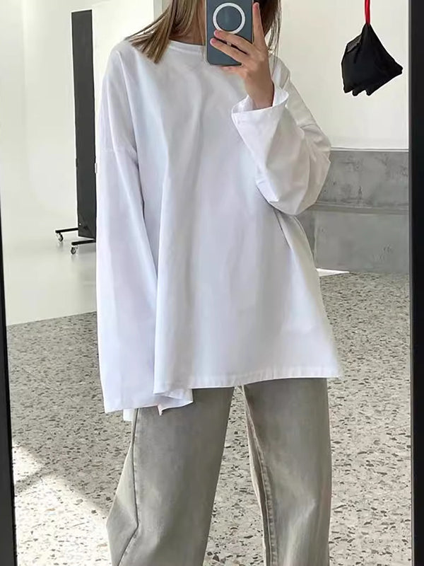 Solid Color Split-Joint Split-side High-low Long Sleeves Round-neck T-shirts