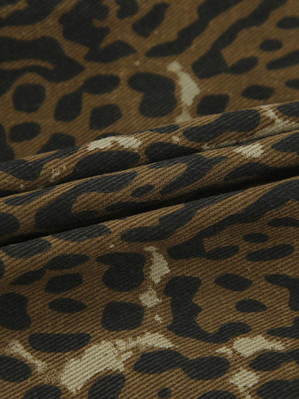 Elasticity Leopard Pockets Split-Joint Zipper High Waisted Loose Shorts Bottoms
