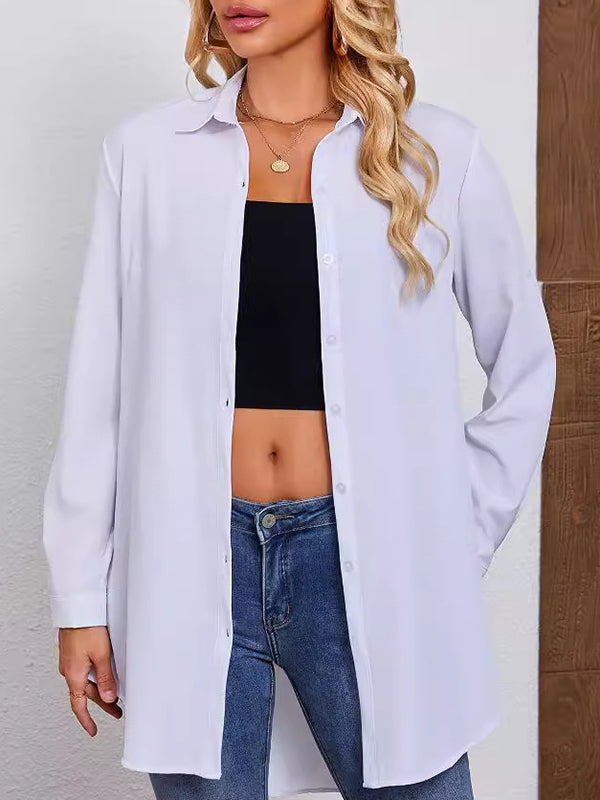See-Through Solid Color Split-Joint Long Sleeves Loose Lapel Blouses