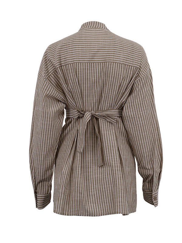 Pleated Split-Toe Striped Loose Puff Sleeves V-neck Blouses&shirts Tops