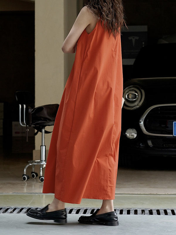 Solid Color Loose Sleeveless Round-Neck Midi Dresses