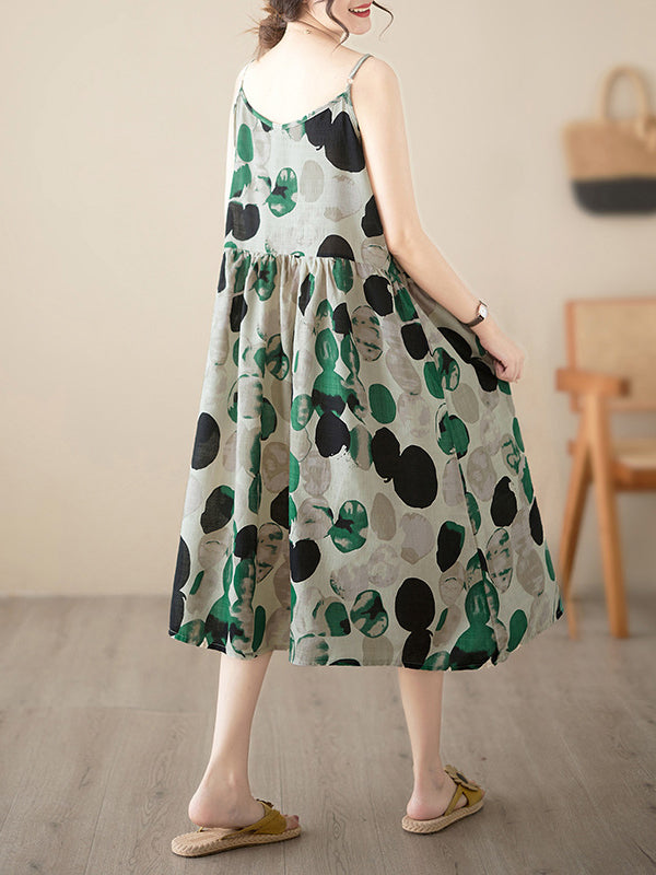 Pleated Printed Split-Joint Loose Sleeveless Spaghetti-Neck Midi Dresses