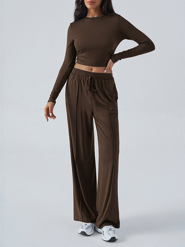 Round-Neck Long Sleeves Loose Solid Color T-shirt Top + Drawstring Elasticity Pockets Pants Bottom Two Pieces Set