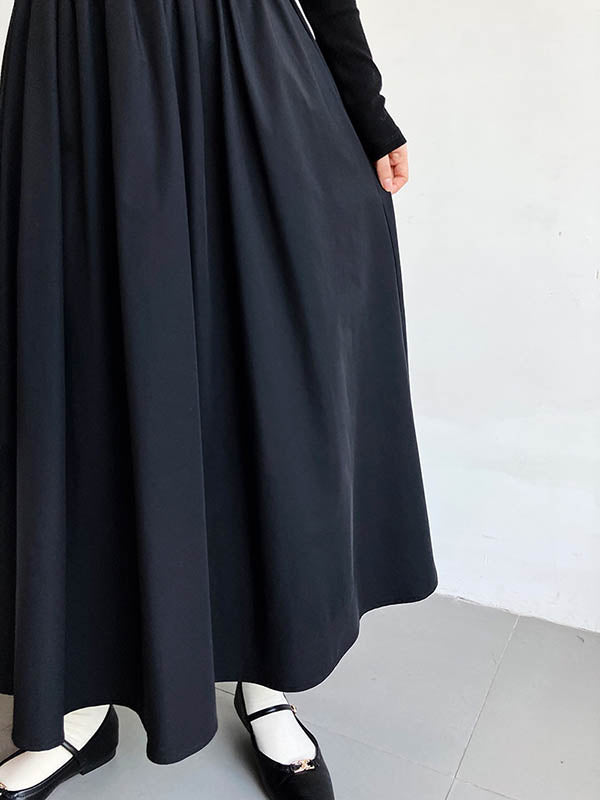 Pleated Solid Color Split-Joint A-Line Long Sleeves Midi Dresses