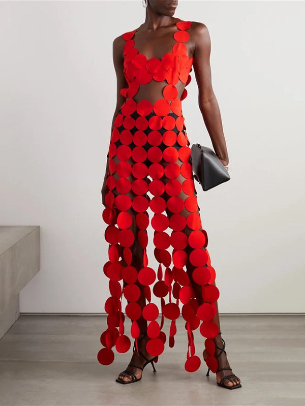 Backless Hollow Polka-Dot Solid Color Split-Joint Loose Sleeveless Round-neck Maxi Dresses