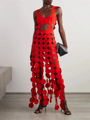 Backless Hollow Polka-Dot Solid Color Split-Joint Loose Sleeveless Round-neck Maxi Dresses