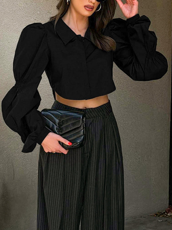 Buttoned Elasticity Solid Color Bishop Sleeve Long Sleeves Lapel Blouses&Shirts Tops