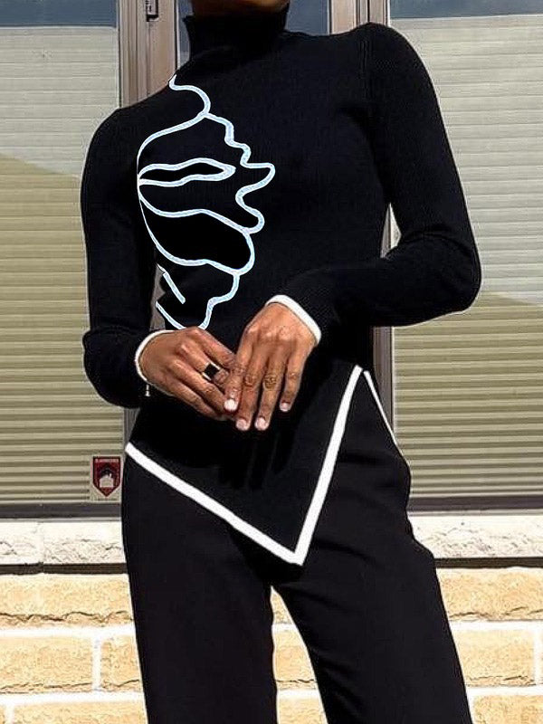Asymmetric Floral Printed Split-Joint Split-side Long Sleeves Skinny High Neck T-shirts