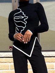 Asymmetric Floral Printed Split-Joint Split-side Long Sleeves Skinny High Neck T-shirts