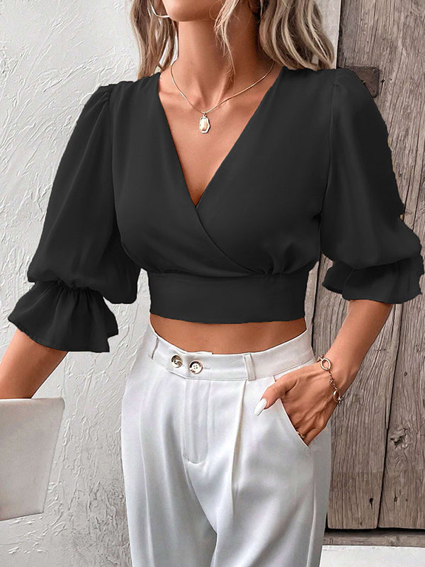 Elasticity Hollow Ruffled Solid Color Tied Half Sleeves Loose V-Neck Blouses&Shirts Tops