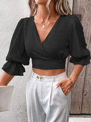 Elasticity Hollow Ruffled Solid Color Tied Half Sleeves Loose V-Neck Blouses&Shirts Tops