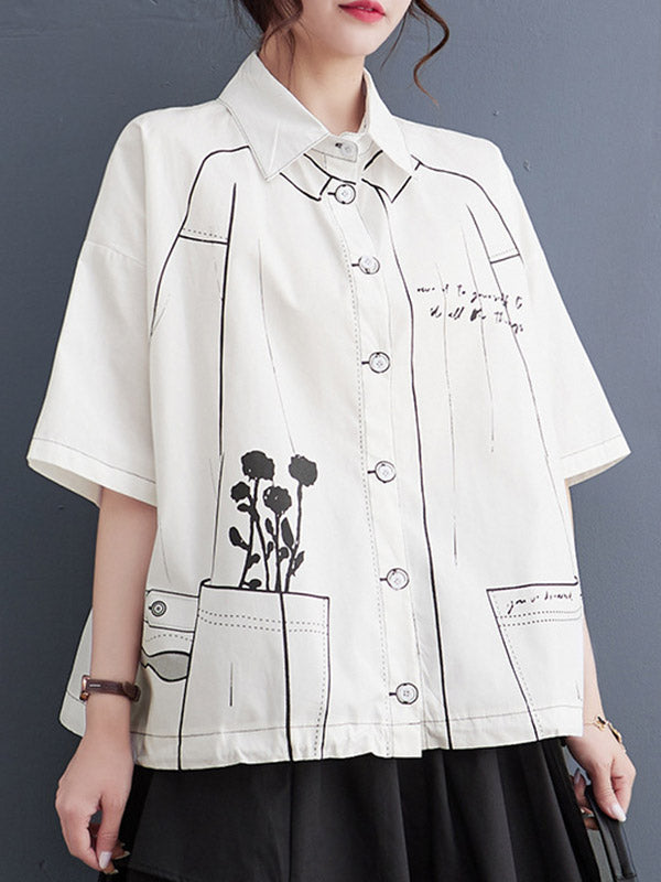Buttoned Printed Loose Short Sleeves Lapel Blouses&Shirts Tops