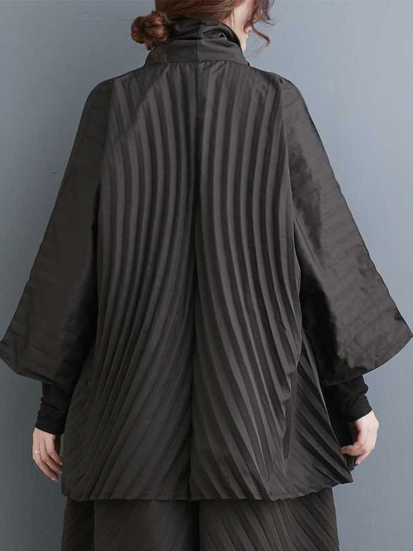 Stand Collar Long Sleeves Loose Buttoned Pleated Solid Color Shirts Top + Pants Bottom Two Pieces Set