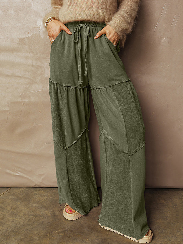 Drawstring Pleated Pockets Solid Color Split-Joint High Waisted Loose Trousers Pants