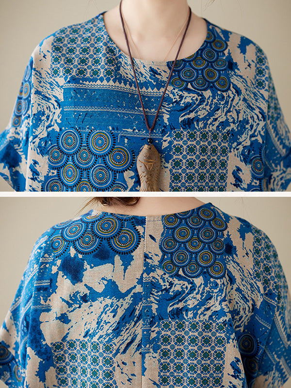 Original Loose Short Sleeves Contrast Color Printed Round-Neck Midi Dresses