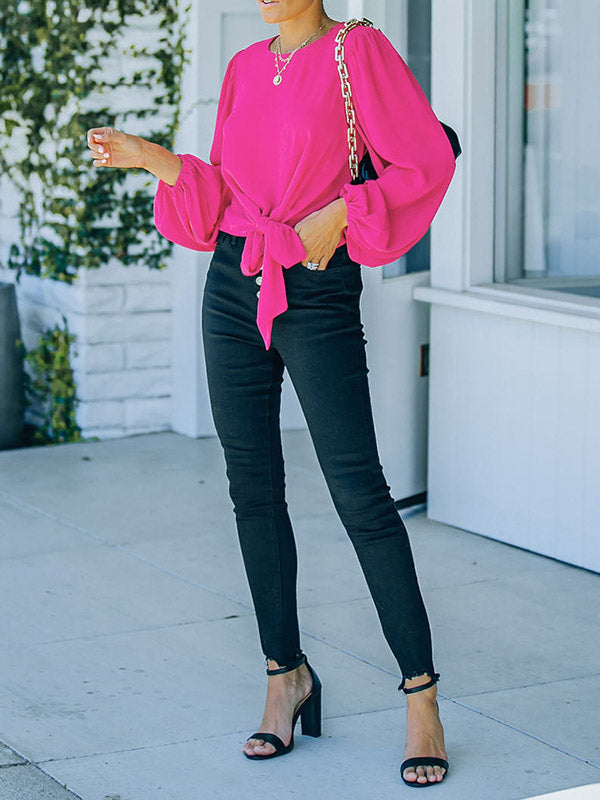 Elasticity Hollow Solid Color Tied Long Sleeves Loose Round-Neck T-Shirts Tops