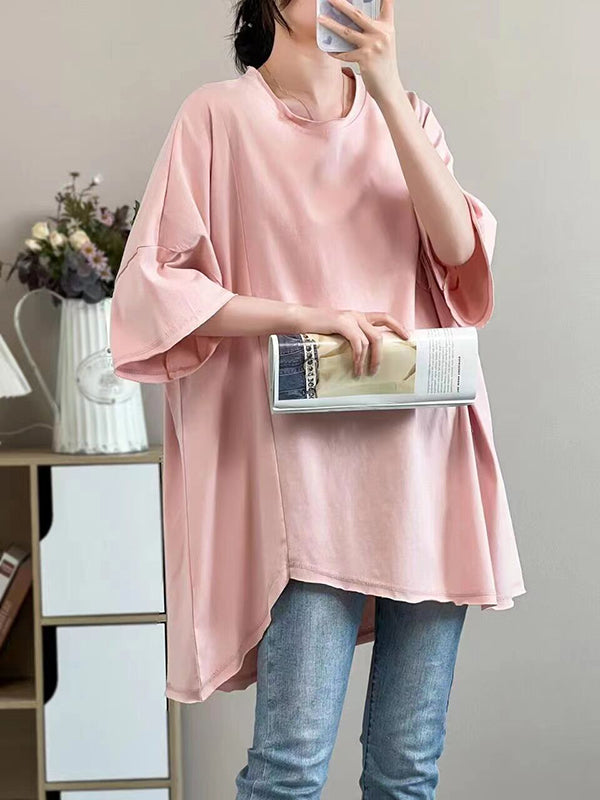 Asymmetric Solid Color Half Sleeves Loose Round-neck T-shirts
