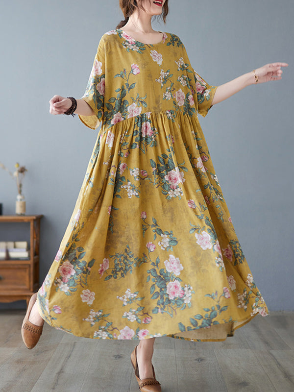 Artistic Retro Loose Original Floral Printed Pleated Midi Dress