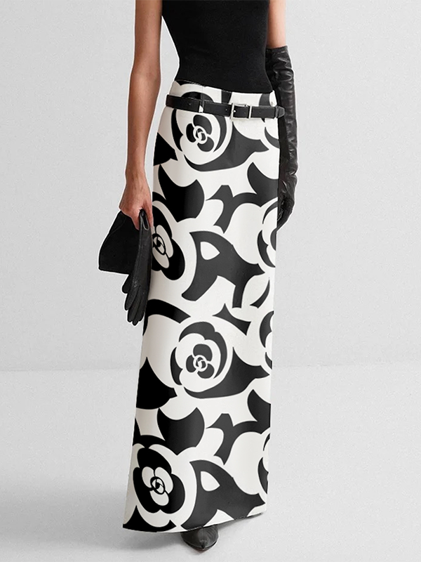 H-Line Contrast Color Floral Printed Skirts Bottoms