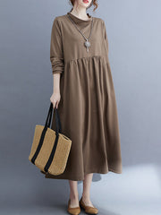 Casual Loose Long Sleeves Solid Color Stand Collar Midi Dresses