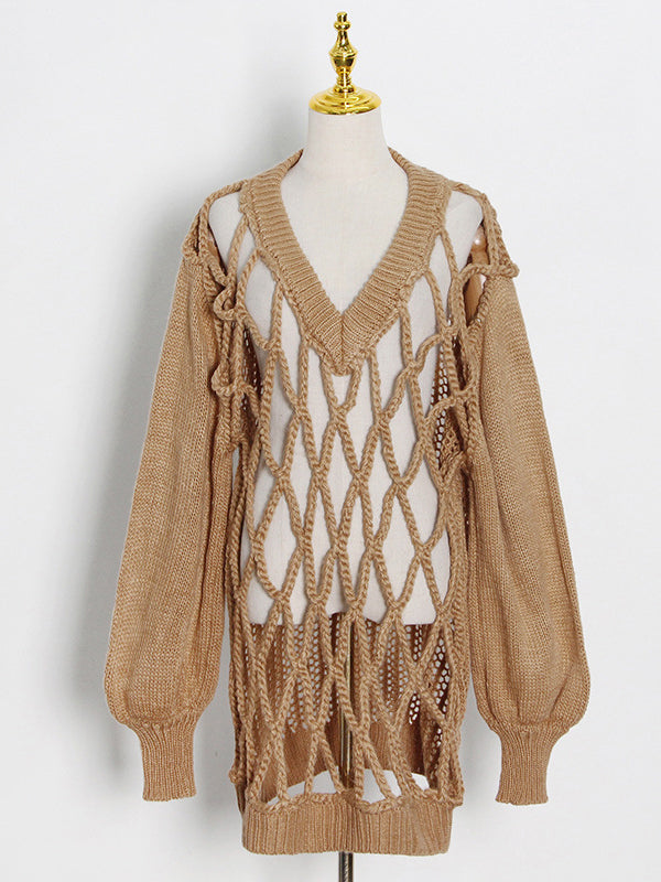 Original Long Sleeves Loose Hollow Solid Color V-Neck Sweater Tops