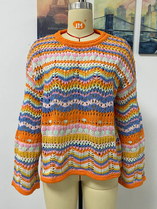 4 Colors Loose Contrast Color Round-Neck Sweater Top