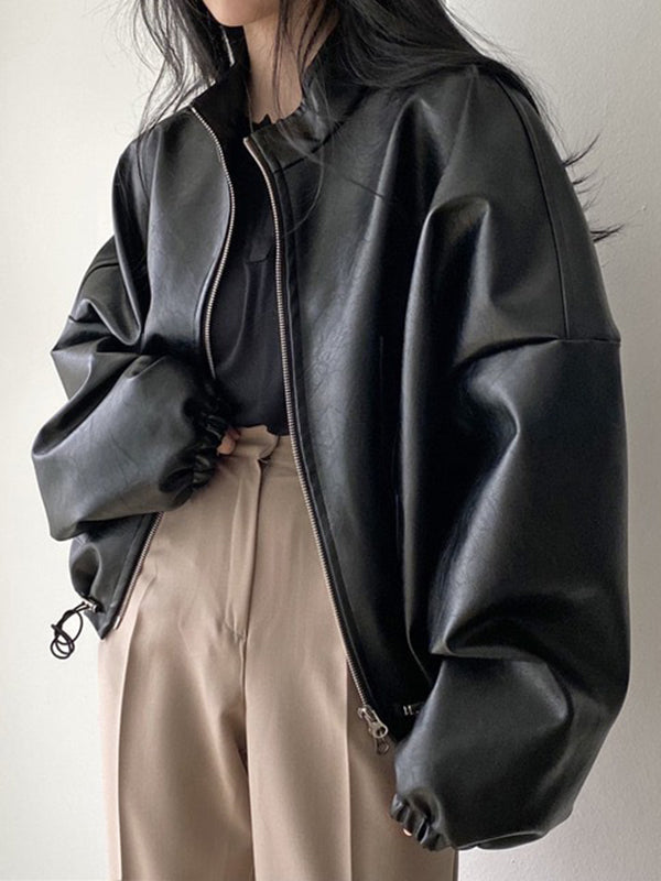 Drawstring Solid Color Zipper Long Sleeves Loose Stand Collar Outerwear Jackets