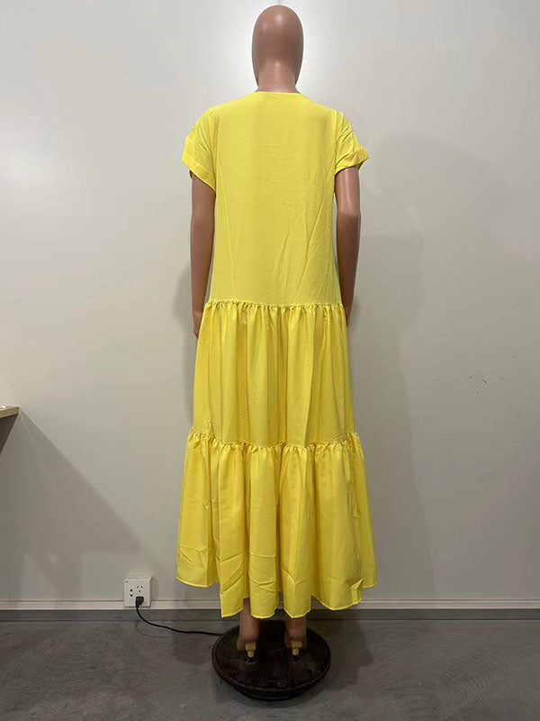 Pleated Solid Color Split-Joint A-line Loose V-neck Maxi Dresses