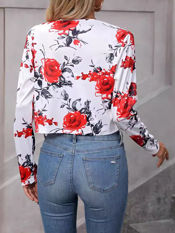 Buttoned Flower Print Split-Joint Long Sleeves Loose Round-Neck Outerwear Blazer