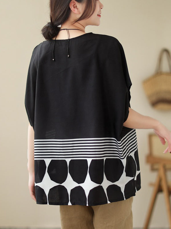 Polka Dot Split-Joint Striped Loose Short Sleeves Round-Neck T-Shirts Tops