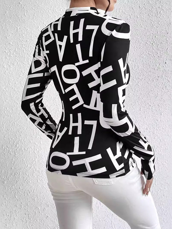 Letter Print Split-Joint Long Sleeves Skinny Mock Neck T-Shirts Tops
