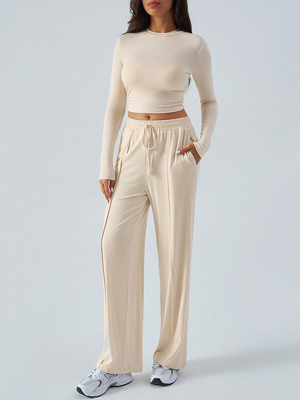 Round-Neck Long Sleeves Loose Solid Color T-shirt Top + Drawstring Elasticity Pockets Pants Bottom Two Pieces Set