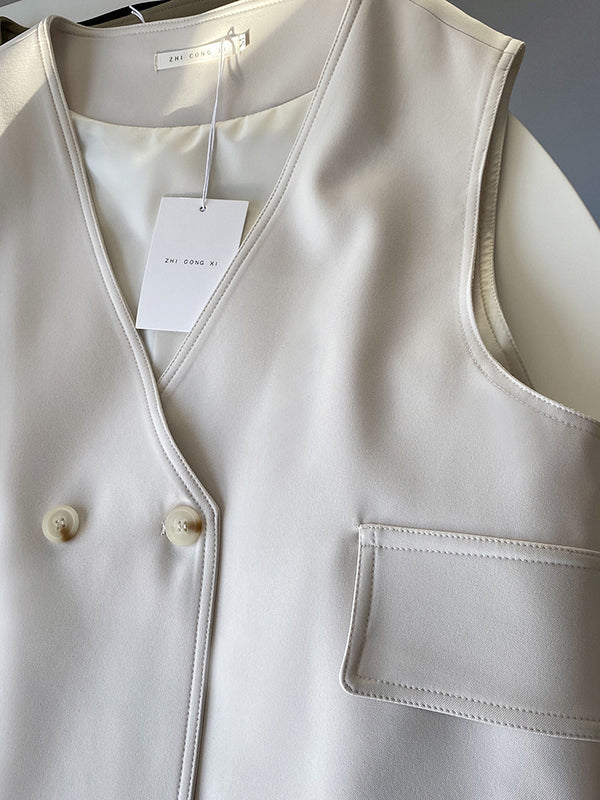 Pockets Split-Joint Loose Sleeveless V-Neck Vest Top