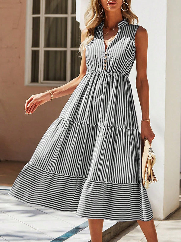Buttoned Split-Joint Striped A-Line High Waisted V-Neck Midi Dresses