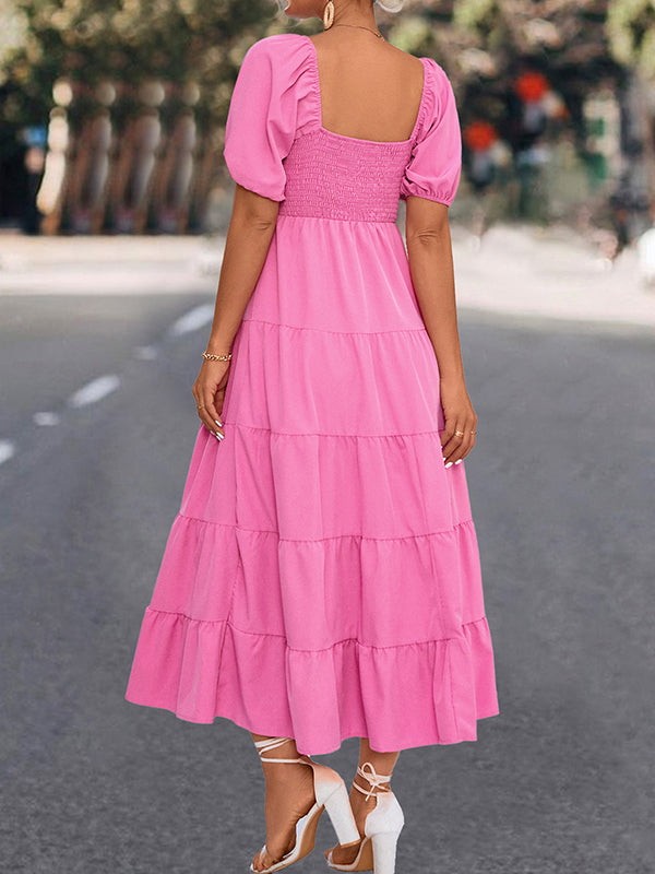 Elasticity Pleated Solid Color Split-Joint A-line Bishop Sleeve Square-neck Midi Dresses