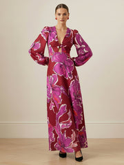 Contrast Color Flower Print Hollow Split-Joint Twist Elasticated Waist Long Sleeves Deep V-Neck Maxi Dresses