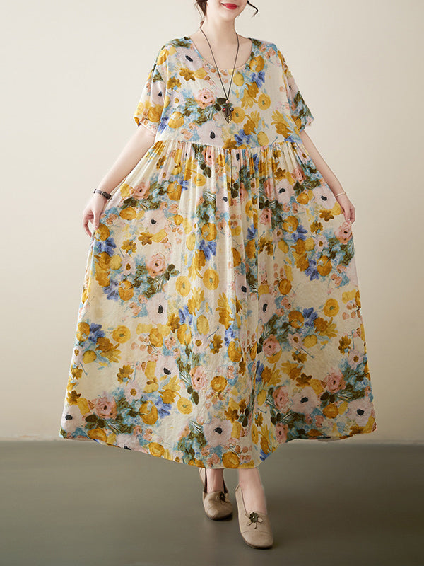 Floral Printed A-line Loose Round-neck Midi Dresses