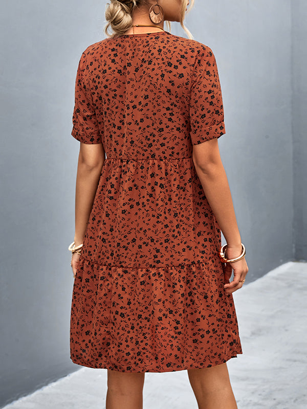Flower Print Split-Joint Short Sleeves V-Neck Mini Dresses