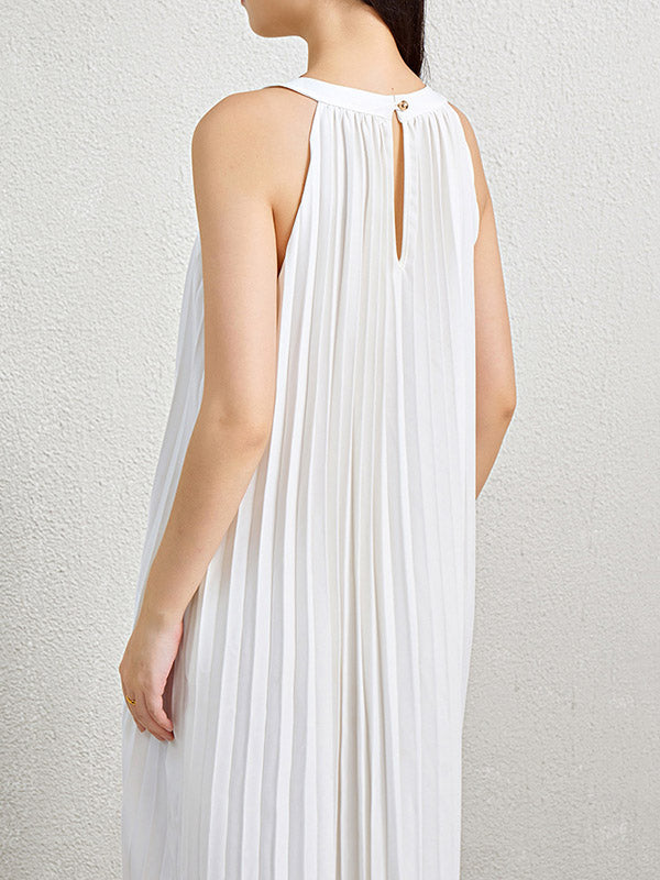 Hollow Pleated Pockets Solid Color Loose Sleeveless Halter-Neck Maxi Dresses