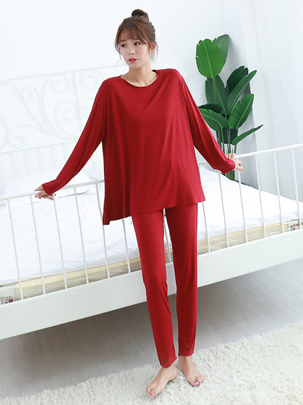 Simple Solid Color Long Sleeve Loose Modal Pajamas Sets