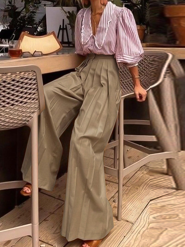 Loose Wide Leg High-Waisted Pleated Solid Color Pants Trousers