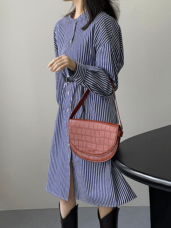 Striped Long Sleeves Loose Round-Neck Shirt Dress Midi Dresses