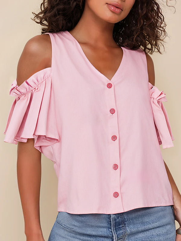 Buttoned Elasticity Solid Color Loose Ruffle Sleeves Cold Shoulder T-Shirts Tops