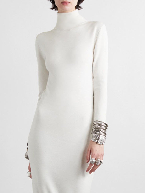 Long Sleeves Skinny Solid Color High Neck Maxi Dresses